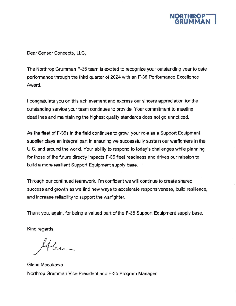 Northrop Grumman Letter F-35 Performance Excellence Award